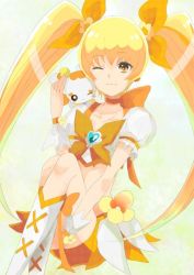 Rule 34 | 10s, 1girl, blonde hair, boots, bow, brooch, cure sunshine, hair ribbon, heart, heart brooch, heartcatch precure!, jewelry, knee boots, long hair, magical girl, mamii, midriff, myoudouin itsuki, one eye closed, orange bow, orange skirt, potpourri (heartcatch precure!), precure, ribbon, skirt, solo, twintails, very long hair, white background, wink, yellow eyes, yellow theme