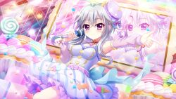 Rule 34 | 1girl, ahoge, blue bow, blue dress, blue skirt, bow, breasts, candy, choker, closed mouth, concert, confetti, cupcake, detached sleeves, dot nose, dress, dutch angle, film grain, food, game cg, grey hair, hand up, hat, hat bow, heart, ichijou ruka, idol, idol clothes, izumi tsubasu, lens flare, lollipop, macaron, macaron hat, medium breasts, non-web source, official art, outstretched arm, oversized food, oversized object, purple eyes, re:stage!, screen, see-through, see-through sleeves, short hair with long locks, skirt, smile, solo, sparkle, stage lights, striped clothes, striped skirt, tilted headwear, vertical-striped clothes, vertical-striped skirt