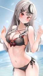 Rule 34 | 1girl, absurdres, bikini, black bikini, blue sky, blush, breasts, cleavage, collarbone, day, grey hair, hands up, highres, hololive, large breasts, long hair, looking at viewer, navel, ocean, outdoors, red eyes, sakamata chloe, scarlet (wv0102), sky, solo, stomach, swimsuit, virtual youtuber