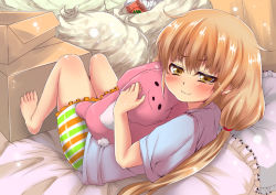 Rule 34 | 10s, 1girl, barefoot, blush, bow, closed mouth, eku (threshold), feet, full body, futaba anzu, hair between eyes, holding, idolmaster, idolmaster cinderella girls, long hair, looking at viewer, low twintails, shiny skin, shirt, shorts, solo, striped, striped shirts, stuffed animal, stuffed toy, t-shirt, toes, twintails