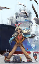 Rule 34 | &gt; &lt;, 10s, 1girl, alternate costume, bird, blonde hair, closed eyes, hands in pockets, heart, highres, jacket, kantai collection, long hair, looking at viewer, open clothes, open jacket, pandarou, rensouhou-chan, seagull, shimakaze (kancolle), ship, shipyard, smile, watercraft