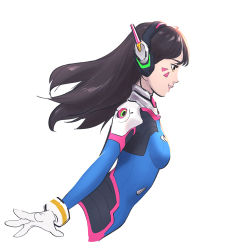 Rule 34 | 1girl, bodysuit, breasts, brown eyes, brown hair, d.va (overwatch), facepaint, facial mark, from side, gloves, headphones, high collar, highres, leaning forward, lips, long hair, nose, overwatch, overwatch 1, parted lips, pilot suit, pink lips, profile, puremi (felinewitch), ribbed bodysuit, shoulder pads, simple background, skin tight, small breasts, smile, solo, swept bangs, upper body, whisker markings, white background, white gloves