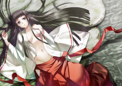Rule 34 | 00s, 1girl, black eyes, black hair, breasts, covered erect nipples, female focus, groin, hakama, hakama skirt, hime cut, himegami aisa, inue shinsuke, japanese clothes, long hair, looking at viewer, lying, miko, navel, on back, open clothes, open shirt, parted lips, red hakama, shirt, skirt, solo, toaru majutsu no index, toaru majutsu no index: old testament, very long hair, water