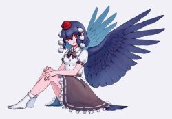 Rule 34 | 1girl, black bow, black bowtie, black skirt, black wings, bow, bowtie, breasts, buttons, channel ikihaji, closed mouth, collared shirt, feathered wings, frilled skirt, frilled sleeves, frills, full body, grey background, hair between eyes, hand on own knee, hat, head tilt, knees up, looking at viewer, pointy ears, pom pom (clothes), puffy short sleeves, puffy sleeves, red eyes, red hat, shameimaru aya, shirt, short sleeves, simple background, sitting, skirt, small breasts, socks, solo, tokin hat, touhou, white shirt, white socks, wings