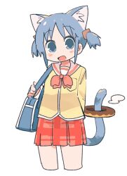 Rule 34 | 1girl, animal ear fluff, animal ears, arm behind back, bag, blue bag, blue eyes, blue hair, blush, breast pocket, cat ears, cat girl, cat tail, commentary, cowboy shot, cropped legs, cube hair ornament, doughnut, food, hair ornament, holding strap, kemonomimi mode, long sleeves, looking at viewer, miniskirt, naganohara mio, naka (buttergirl 02), nichijou, open mouth, plaid, plaid skirt, pleated skirt, pocket, red skirt, sailor collar, school bag, school uniform, shirt, short hair, short twintails, shoulder bag, sidelocks, simple background, skirt, solo, tail, twintails, white background, yellow shirt