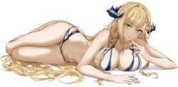 Rule 34 | 1girl, absurdres, alternate costume, arknights, bare arms, bare shoulders, bikini, blonde hair, blue eyes, braid, breasts, cleavage, closed mouth, highres, horns, large breasts, long hair, looking at viewer, lying, on side, saileach (arknights), sideboob, simple background, smile, solo, stomach, swimsuit, thighs, white background, white bikini, yukiaka