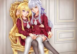 Rule 34 | 2girls, arm around shoulder, armchair, assault lily, belt, belt buckle, blonde hair, blunt bangs, braid, breasts, brown pantyhose, brown sailor collar, buckle, chair, closed mouth, commentary request, feet out of frame, fingernails, food, food on face, frilled skirt, frills, girl on top, grey hair, hair ribbon, hand on another&#039;s cheek, hand on another&#039;s face, hand on another&#039;s thigh, hand on another&#039;s waist, hand up, heads together, high-waist skirt, highres, imai tomohiro, indoors, jewelry, kanba girls high school uniform, kon kanaho, light smile, long hair, long sleeves, looking at viewer, medium breasts, miniskirt, miyagawa takane, multiple girls, necktie, on chair, pantyhose, purple eyes, purple ribbon, red belt, red skirt, ribbon, ring, sailor collar, school uniform, serafuku, short necktie, side braid, sidelocks, sitting, sitting on lap, sitting on person, skirt, thighhighs, very long hair, white necktie, white thighhighs, yellow eyes, yuri