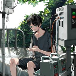 Rule 34 | 1boy, 6 mrm 9, bad id, bad twitter id, black hair, black shirt, black shorts, blue eyes, commentary request, feet out of frame, intravenous drip, original, parted lips, shirt, short hair, short sleeves, shorts, sitting, smile, solo