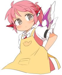 Rule 34 | alternate hairstyle, animal ears, animal print, apron, bird print, brown dress, commentary request, cropped legs, dress, grey eyes, ini (inunabe00), long hair, mystia lorelei, no headwear, no headwear, pink hair, ponytail, print apron, shirt, short sleeves, simple background, solo, touhou, tying apron, white background, white shirt, wings