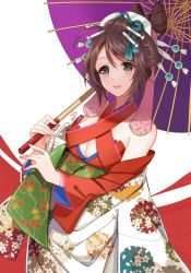 Rule 34 | 1girl, bare shoulders, breasts, brown hair, cleavage, commission, copyright request, floral print, grey eyes, hair between eyes, hair ornament, highres, holding, holding umbrella, japanese clothes, kimono, medium breasts, nekozuki yuki, oil-paper umbrella, parted lips, print kimono, purple umbrella, red background, red kimono, skeb commission, smile, solo, two-tone background, umbrella, white background, white kimono