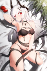 Rule 34 | absurdres, apple, arknights, arm up, armlet, armpits, arms up, barefoot, bed sheet, bikini, black bikini, black hair, black ribbon, blush, breasts, cleavage, collarbone, earrings, food, fruit, gradient hair, hair ornament, highres, horns, jewelry, jndfh, knees up, long hair, looking at viewer, lying, material growth, medium breasts, mudrock (arknights), mudrock (silent night) (arknights), multicolored hair, navel, necklace, official alternate costume, on back, on bed, oripathy lesion (arknights), parted lips, pointy ears, red eyes, ribbon, silver hair, smile, stomach, swept bangs, swimsuit, underboob, very long hair