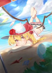 Rule 34 | 1girl, ball, beach, beach umbrella, beachball, blonde hair, blush, cloud, day, dutch angle, emushake, flandre scarlet, flower, grin, hat, hat flower, hat ribbon, highres, horizon, long hair, looking at viewer, lying, ocean, on stomach, outdoors, red eyes, red flower, red rose, ribbon, rose, shade, side ponytail, sky, smile, solo, swimsuit, touhou, umbrella, wings
