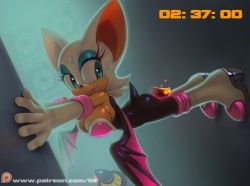 Rule 34 | 1girl, animal ears, armpit peek, ass, backlighting, bare shoulders, bat ears, bat tail, bat wings, bodysuit, boots, breasts, chaos emerald, cleavage, clenched teeth, dark-skinned female, dark skin, elbow gloves, eyelashes, eyeshadow, foreshortening, from side, full body, furry, furry female, gloves, green eyes, high heel boots, high heels, knee boots, lipstick, looking back, makeup, outdoors, outstretched arms, parted lips, patreon logo, patreon username, rouge the bat, shiny clothes, shiny skin, sideboob, sif (siffers), solo, sonic (series), sonic adventure, sonic adventure 2, sonic the hedgehog, strapless, sweat, teeth, timer, watermark, web address, white hair, wings