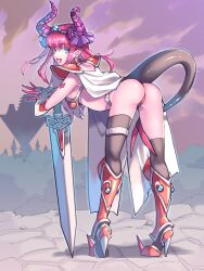 Rule 34 | 1girl, absurdres, armor, ass, bent over, bikini armor, blue eyes, breasts, cape, curled horns, dragon girl, dragon tail, elizabeth bathory (brave) (fate), elizabeth bathory (fate), fang, fate/grand order, fate (series), full body, highres, horns, long hair, looking at viewer, looking back, open mouth, pink hair, pointy ears, red armor, shoulder armor, small breasts, smile, solo, spiked boots, sword, tail, taka oedo, weapon