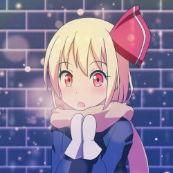 Rule 34 | 1girl, arms up, blonde hair, blue coat, blurry, blurry background, breath, brick wall, cato (monocatienus), coat, commentary request, hair ribbon, light blush, looking at viewer, mittens, open mouth, own hands together, pink scarf, red eyes, ribbon, rumia, scarf, short hair, snowing, solo, standing, touhou, upper body, white mittens, winter
