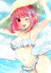 Rule 34 | 1girl, absurdres, arima kana, armpits, arms up, ass, bikini, bob cut, breasts, cleavage, cloud, collarbone, day, hat, highres, looking at viewer, medium breasts, medium hair, navel, ocean, one eye closed, open mouth, oshi no ko, red eyes, red hair, sky, smile, solo, stomach, straw hat, sun hat, swimsuit, underboob, water