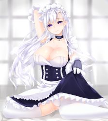 Rule 34 | 1girl, absurdres, apron, arm behind head, armpits, ass, azur lane, bed sheet, belfast (azur lane), blush, braid, breasts, cameltoe, chain, cleavage, collar, collarbone, dress, dress tug, elbow gloves, french braid, frilled gloves, frills, gloves, head tilt, highres, indoors, large breasts, lifted by self, long hair, looking at viewer, maid, maid headdress, panties, parted lips, purple eyes, sidelocks, silver hair, sitting, skindentation, skirt, smile, solo, surota, thighs, underwear, wariza, white gloves, white panties