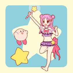 Rule 34 | 1girl, bare shoulders, barefoot, bikini, blush, bow, clenched hand, crossover, double bun, frilled bikini, frills, full body, hair bun, hair ornament, holding, holding wand, kirby, kirby (series), magia record: mahou shoujo madoka magica gaiden, mahou shoujo madoka magica, midriff, misono karin, misono karin (swimsuit costume), navel, nintendo, official alternate costume, open mouth, parted bangs, pink bow, pink eyes, purple bikini, purple hair, rioran, smile, solo, standing, standing on one leg, star (symbol), star hair ornament, swimsuit, toes, wand