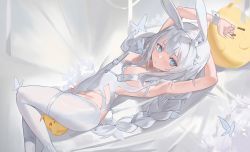 Rule 34 | 1girl, absurdres, animal ears, armpits, arms behind head, arms up, azur lane, bed sheet, bird, blue eyes, blunt bangs, chick, commentary request, fake animal ears, hair between eyes, hairband, highleg, highleg leotard, highres, jia ma, knee up, le malin (listless lapin) (azur lane), leotard, long hair, looking at viewer, low twintails, lying, manjuu (azur lane), official alternate costume, on back, rabbit ears, sidelocks, sleeveless, symbol-shaped pupils, twintails, white hair