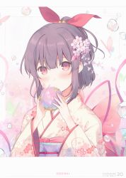 Rule 34 | 1girl, 6u (eternal land), absurdres, blush, bubble, bug, butterfly, fingernails, floral print, gradient background, highres, holding, insect, japanese clothes, kimono, obi, original, petals, purple eyes, purple hair, sash, scan, short hair, simple background, solo, upper body, wide sleeves