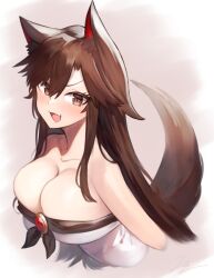 Rule 34 | 1girl, :d, adapted costume, animal ears, bare shoulders, breasts, brown eyes, brown hair, cleavage, commentary request, dress, imaizumi kagerou, large breasts, long hair, looking at viewer, open mouth, smile, solo, strapless, strapless dress, suminagashi, tail, touhou, upper body, very long hair, white dress, wolf ears, wolf tail