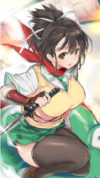 Rule 34 | 1girl, asuka (senran kagura), bad id, bad pixiv id, black hair, black thighhighs, breasts, brown eyes, green necktie, green skirt, hair ribbon, highres, holding, holding weapon, large breasts, looking at viewer, necktie, parted lips, plaid, plaid skirt, red scarf, ribbon, scarf, scroll, senran kagura, shirt, short sleeves, skirt, solo, sweater vest, thighhighs, vest, weapon, white ribbon, white shirt, yaegashi nan, yellow vest