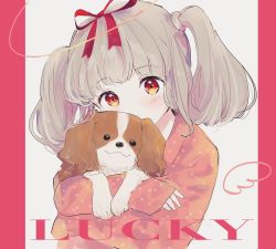 Rule 34 | 1girl, animal, animal hug, blush, brown hair, brown shirt, closed mouth, dog, english text, grey background, hair ribbon, highres, long hair, long sleeves, looking at viewer, original, polka dot, polka dot shirt, red background, red eyes, red ribbon, ribbon, shirt, sige nb, sleeves past wrists, smile, solo, twintails, two-tone background, upper body