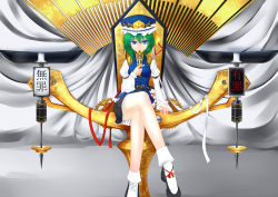 Rule 34 | 1girl, bad id, bad pixiv id, bare legs, blue eyes, female focus, floral print, green hair, hat, inu3, legs, crossed legs, naughty face, ribbon, rod of remorse, shiki eiki, short hair, sitting, skirt, smile, socks, solo, throne, touhou, weighing scale