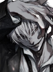 1boy absurdres black_suit bleach closed_eyes collared_shirt evil_smile formal head_tilt highres ichimaru_gin lapels long_sleeves male_focus necktie notched_lapels portrait shirt short_hair smile snake_mouth solo suit user_yvsz4827 veins white_hair