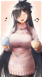 Rule 34 | 1girl, ^ ^, beamed quavers, black hair, blush, breasts, closed eyes, commentary request, daidou (demitasse), hair ornament, hair over one eye, hairclip, highres, holding, large breasts, long hair, long sleeves, musical note, open mouth, original, quaver, ribbed sweater, smile, solo, sweater, turtleneck, turtleneck sweater