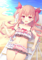 Rule 34 | 1girl, :d, bad id, bad pixiv id, bare shoulders, beach, bikini, blush, chair, choker, collarbone, commentary request, day, fang, fingernails, hair between eyes, hair ribbon, hand up, heart, highres, layered bikini, light brown hair, long hair, looking at viewer, lounge chair, lying, nail polish, navel, on back, open mouth, original, outdoors, pink bikini, pink choker, pink nails, red eyes, red ribbon, ribbon, sand, smile, solo, swimsuit, thigh gap, tsuruse, two side up, very long hair, water