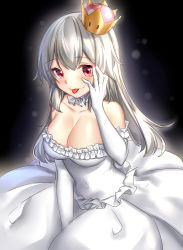Rule 34 | 1girl, :p, bare shoulders, black background, blush, breasts, cleavage, closed mouth, collarbone, covered navel, crown, dress, elbow gloves, fang, fang out, frilled dress, frills, gloves, glowing, grey hair, hand on own cheek, hand on own face, highres, large breasts, long hair, looking at viewer, luigi&#039;s mansion, mario (series), neck garter, new super mario bros. u deluxe, nintendo, pink eyes, princess king boo, rukinya (nyanko mogumogu), simple background, smile, solo, straight hair, strapless, strapless dress, super crown, tongue, tongue out, very long hair, white dress, white gloves