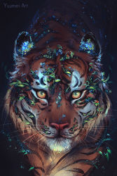 Rule 34 | animal, animal ear fluff, animal focus, artist name, black background, blue flower, brown eyes, chinese zodiac, closed mouth, commentary, english commentary, flower, glowing, highres, looking at viewer, no humans, original, plant, red flower, tiger, whiskers, year of the tiger, yuumei