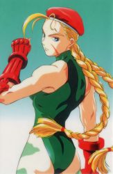 Rule 34 | 1990s (style), armor, ass, beret, blonde hair, blue eyes, bodypaint, braid, cammy white, capcom, fingerless gloves, gloves, gradient background, green background, green leotard, halterneck, hat, leotard, long hair, looking at viewer, looking back, murase shuko, official art, red armor, red gloves, red hat, retro artstyle, scar, scar on face, serious, solo, street fighter, street fighter ii (movie), street fighter ii (series), turtleneck, twin braids, white background
