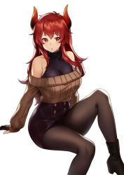 Rule 34 | 1girl, bare shoulders, black footwear, black skirt, blush, boots, breasts, brown sweater, buttons, commentary, dola (2nd costume) (nijisanji), dola (nijisanji), dragon girl, gloves, hair between eyes, horns, houtengeki, large breasts, long hair, looking at viewer, nijisanji, off-shoulder, off-shoulder sweater, off shoulder, open mouth, pantyhose, plaid, plaid skirt, red eyes, red hair, ribbed sweater, simple background, sitting, skirt, solo, sweater, thighs, turtleneck, virtual youtuber, white background