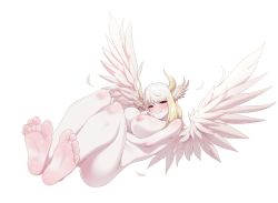 Rule 34 | angel, angel wings, bare legs, bare shoulders, barefoot, breasts, character request, copyright request, feathered wings, feathers, feet, horns, huge breasts, long hair, looking at viewer, maidforge, nipples, nude, smile, soles, white background, white wings, wings