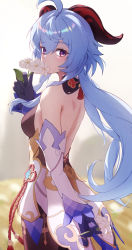 Rule 34 | 1girl, absurdres, ahoge, arm behind back, back, backless outfit, black gloves, blue hair, bow, breasts, chinese knot, covering own mouth, detached sleeves, flower, flower knot, from behind, ganyu (genshin impact), genshin impact, gloves, gold trim, highres, holding, holding flower, horns, long hair, looking at viewer, looking back, low ponytail, medium breasts, purple eyes, qingxin flower, shiroshiroghost, sideboob, sidelocks, solo, tassel, vision (genshin impact), waist cape, white flower, white sleeves