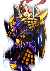 Rule 34 | 1boy, alternate color, armor, armored boots, aura, boots, breastplate, commentary request, emon-yu, feet out of frame, garter straps, glowing, glowing eyes, helmet, looking at viewer, male focus, pauldrons, purple armor, ragnarok online, royal guard (ragnarok online), shield, shoulder armor, simple background, solo, white background