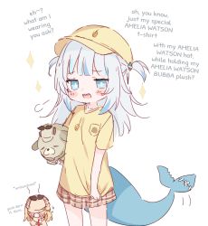 Rule 34 | 2girls, blonde hair, blue eyes, blue hair, blush, blush stickers, bubba (watson amelia), commentary, deerstalker, embarrassed, english commentary, english text, fins, fish tail, gawr gura, hair ornament, hat, highres, holding, holding stuffed toy, hololive, hololive english, multicolored hair, multiple girls, shark hair ornament, shark tail, sharp teeth, shouu-kun, silver hair, standing, streaked hair, stuffed animal, stuffed dog, stuffed toy, sweat, tail, teeth, upper teeth only, virtual youtuber, watson amelia