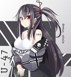 Rule 34 | 1girl, azur lane, bandaged hand, bandages, black choker, breasts, character name, character request, choker, closed mouth, cross, cross choker, dated, green pants, grey hair, grey jacket, highres, iron cross, jacket, klaius, large breasts, long hair, looking at viewer, multicolored hair, off shoulder, official alternate costume, one side up, pants, red eyes, solo, streaked hair, twitter username, u-47 (azur lane), u-47 (rookie rider) (azur lane), v arms