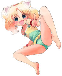 Rule 34 | 1girl, :d, absurdres, animal ears, barefoot, blonde hair, blue eyes, casual one-piece swimsuit, cat ears, fang, feet, highres, jewelpet (series), jewelpet twinkle, long hair, miria marigold mackenzie, nyama, one-piece swimsuit, open mouth, smile, soles, solo, spread legs, swimsuit, toes, twintails, v