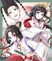 1girl 2boys absurdres bishounen black_hair blue_eyes border bow closed_mouth damongsel green_border green_eyes hair_ornament hakama hashtag-only_commentary hat highres houjou_tokiyuki_(nige_jouzu_no_wakagimi) japanese_clothes katana long_hair long_sleeves looking_at_viewer multiple_boys nige_jouzu_no_wakagimi outside_border parted_bangs ponytail purple_eyes red_hakama ribbon shizuku_(nige_jouzu_no_wakagimi) sidelocks_tied_back simple_background smile suwa_yorishige sword tiara very_long_hair weapon white_background wide_sleeves