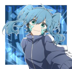 Rule 34 | 1girl, aqua eyes, binary, blue background, blue hair, blue jacket, border, closed mouth, collared jacket, commentary, ene (kagerou project), facial mark, hair between eyes, headphones, jacket, kagerou project, kanako-n-03-04, long sleeves, looking at viewer, mekakucity actors, outline, outside border, solo, track jacket, twintails, upper body, white border, white outline, zipper