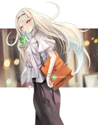 Rule 34 | 1girl, bag, blonde hair, bracelet, breasts, brown skirt, casual, cup, drinking straw, drinking straw in mouth, earrings, frilled shirt, frills, glowing, headband, highres, holding, holding cup, inoue takuya (tactactak), jewelry, long hair, looking at viewer, looking to the side, mythra (xenoblade), night, night sky, outdoors, shirt, shopping bag, short sleeves, skirt, sky, solo, very long hair, white shirt, xenoblade chronicles (series), xenoblade chronicles 2, yellow eyes