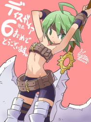 Rule 34 | 1girl, ahoge, armpits, arms up, axe, battle axe, belt, bike shorts, disgaea, female warrior (disgaea), flat chest, green eyes, green hair, headband, looking at viewer, navel, oyster (artist), pointy ears, short hair, solo, thighhighs, translation request, weapon