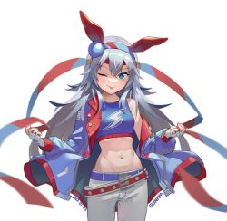 Rule 34 | 1girl, absurdres, animal ears, artist name, belt, blue eyes, blue jacket, breasts, closed mouth, cowboy shot, dated, fang, fingerless gloves, gloves, grey hair, groin, hairband, headband, highres, horse ears, jacket, lightning bolt symbol, long hair, long sleeves, looking at viewer, midriff, navel, off shoulder, one eye closed, open clothes, open jacket, pants, simple background, single bare shoulder, skin fang, small breasts, solo, sunhm, tamamo cross (umamusume), tank top, tongue, umamusume, white background, white gloves, white pants