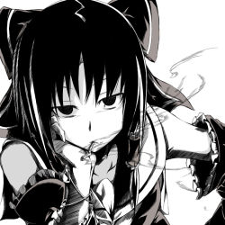 Rule 34 | 1girl, bored, bow, cigarette, close-up, detached sleeves, empty eyes, female focus, greyscale, hair bow, hakurei reimu, head rest, japanese clothes, kuro (jyupiter), miko, monochrome, mouth hold, simple background, smoke, smoking, solo, staring, touhou