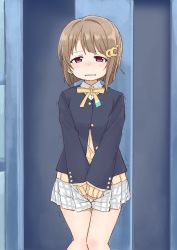Rule 34 | 1girl, between legs, black jacket, blue background, blush, brown hair, buttons, clenched teeth, collared shirt, crescent, crescent hair ornament, embarrassed, female focus, flat chest, grey skirt, hair ornament, half-closed eyes, hand between legs, have to pee, highres, jacket, long sleeves, looking at viewer, love live!, love live! nijigasaki high school idol club, miniskirt, nakasu kasumi, neck ribbon, nose blush, own hands together, plaid, plaid skirt, pleated skirt, ponnu (tnpn2yw), red eyes, ribbon, shirt, short hair, sidelocks, skirt, solo, standing, star (symbol), straight-on, sweater, tears, teeth, thighs, trembling, v arms, wavy mouth, white shirt, yellow ribbon, yellow sweater