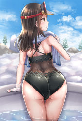 Rule 34 | 1girl, ass, bare shoulders, black hair, black one-piece swimsuit, blush, brown eyes, cameltoe, from behind, highres, huge ass, kurume sml, long hair, looking away, morag ladair (obligatory leave) (xenoblade), morag ladair (xenoblade), one-piece swimsuit, shiny clothes, shiny skin, solo, swimsuit, towel, visor cap, water, wet, wet clothes, wet hair, xenoblade chronicles (series), xenoblade chronicles 2
