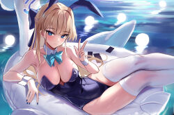 Rule 34 | 1girl, animal ears, bare shoulders, blonde hair, blue archive, blue bow, blue eyes, blue hairband, blue leotard, blue nails, bow, bowtie, braid, breasts, detached collar, fake animal ears, hairband, halo, highleg, highleg leotard, inflatable raft, large breasts, leotard, long hair, lying, official alternate costume, official alternate hairstyle, on side, playboy bunny, rabbit ears, stone (ksorede), thighhighs, thighs, toki (blue archive), toki (bunny) (blue archive), very long hair, w, water, white thighhighs, wrist cuffs